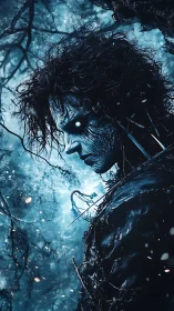 Dark forest entity with glowing eyes in icy blue light.