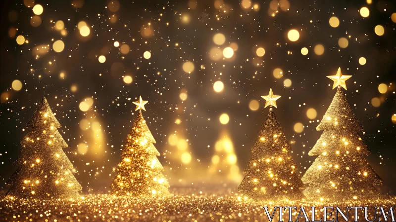 Glittering golden Christmas trees in festive bokeh glow.
