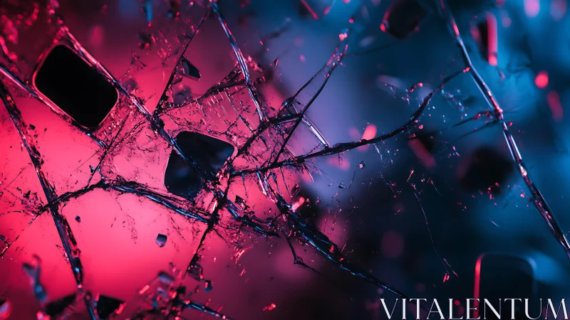 Shattered Glass Close-Up with Neon Pink and Blue Lighting.