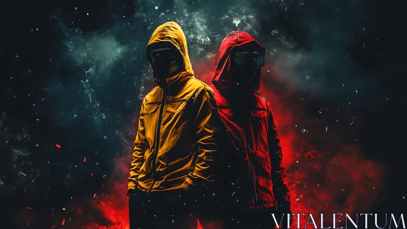 Dual hooded figures in high-contrast neon smoke illumination stand aligned