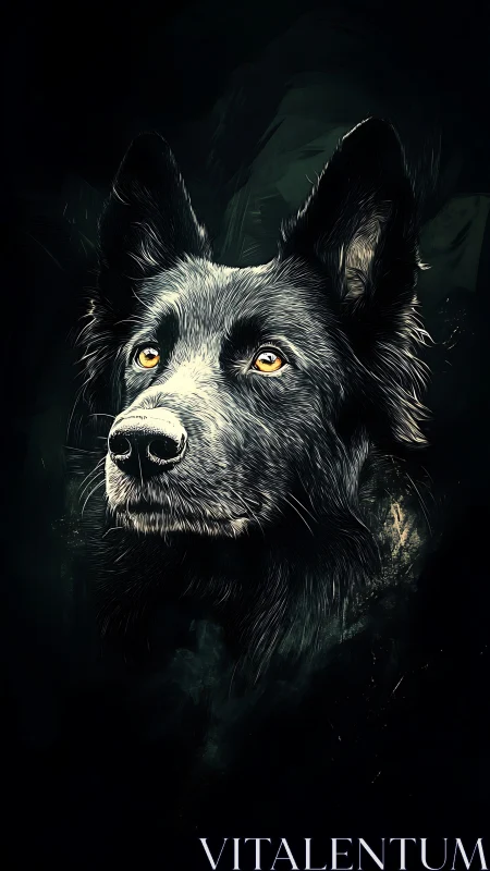 Black dog portrait with bright yellow eyes on dark background.