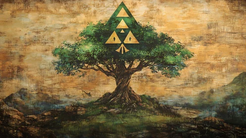 Mystic tree of triangles rises calmly over a painted valley