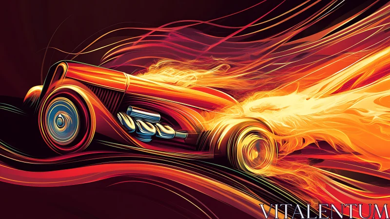 Flaming hot rod erupts in neon streaks of motion and speed.