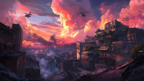 Helicopters over tiered city at dense sunset sky.