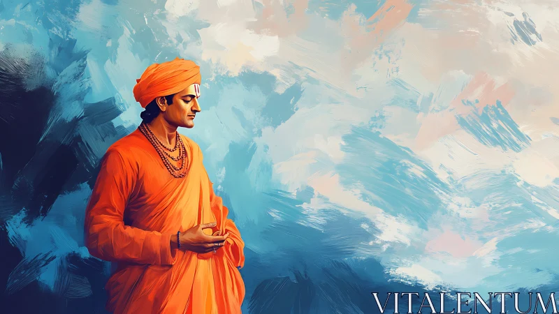 Calm monk in orange robes against swirling blue sky.