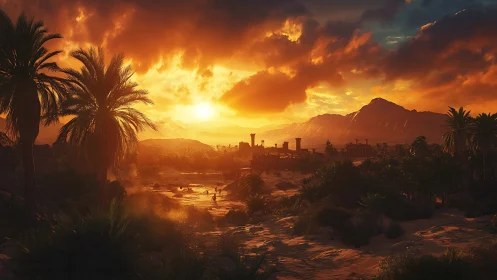 Desert oasis settlement glows under intense orange sunset