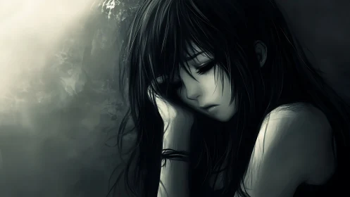 Monochrome anime portrait of resting girl in close view.