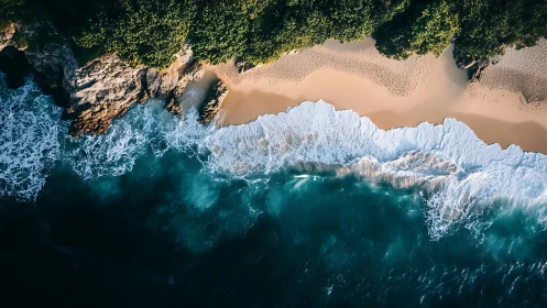Overhead coastal view shows waves, sand, rock and dense foliage