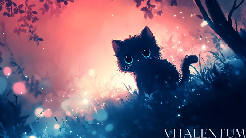 Black Cat with Glowing Eyes in Magical Twilight Forest