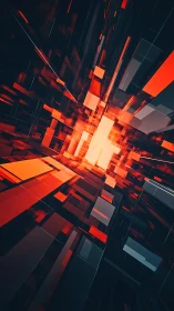 Geometric corridor of red and black abstract blocks in depth.