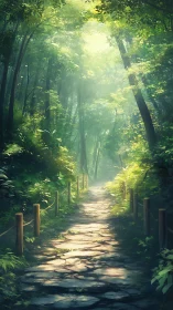 Sunlit Forest Path Through Ancient Trees.