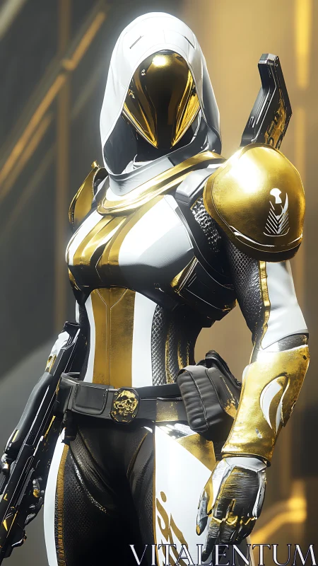 Armored sci fi guardian stands poised in radiant gold light