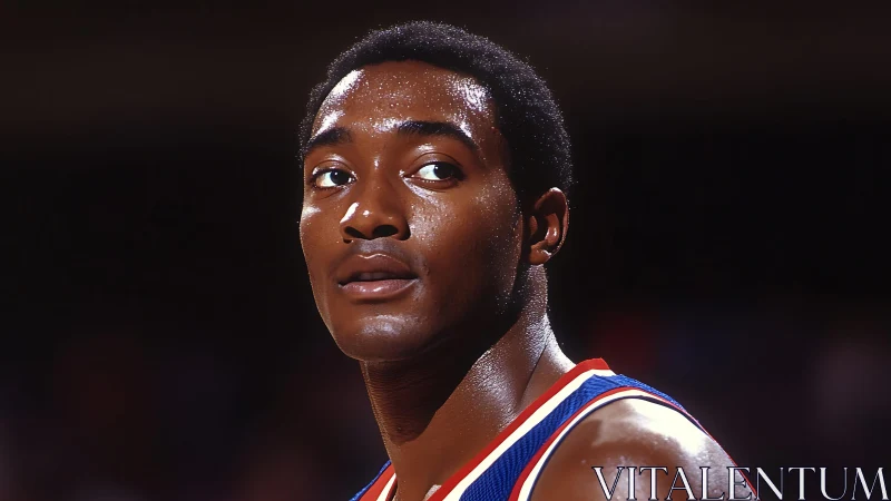 Basketball player looks to the side during indoor game