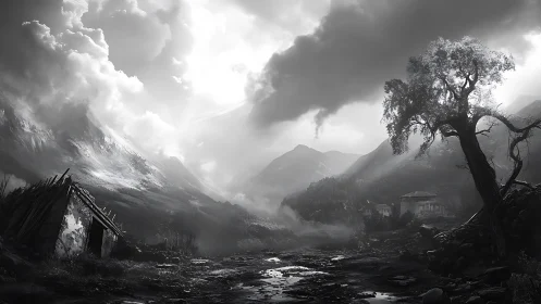 Monochrome mountain valley with ruined hut and distant house.
