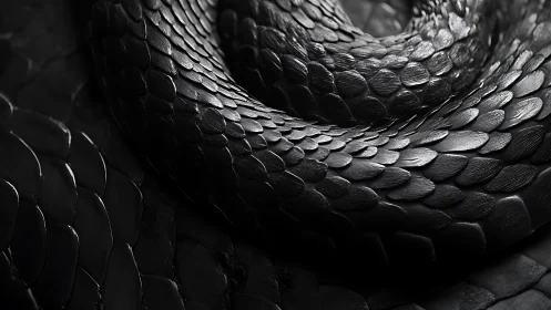Close-up of coiled black snake scales in dramatic light.