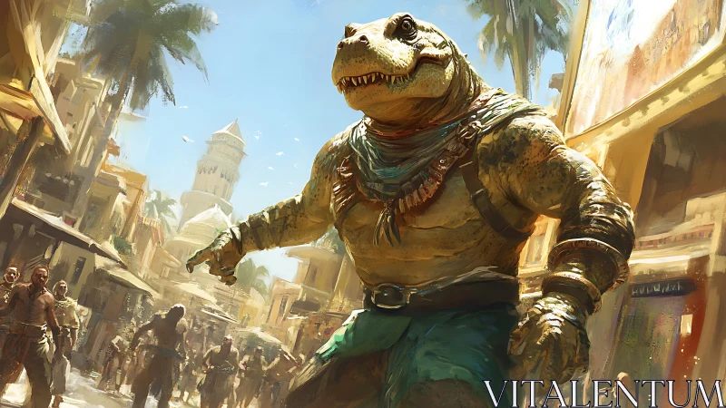 Street-stomping lizard warrior storms a sunlit desert market.