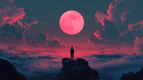 Lone figure observes immense crimson moon over mist valley