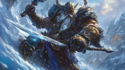 Armored frost warlord swings runic blade through icy maelstrom