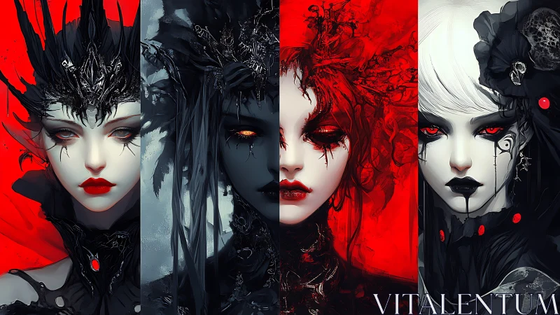 Four-panel digital portraits of stylized gothic women.