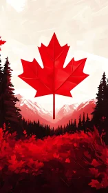 Bold red maple leaf crowns stylized Canadian landscape.