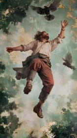 Man suspended midair among birds in cloudy sky scene.