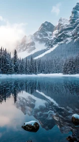 Snow covered mountain range reflected in calm alpine lake.