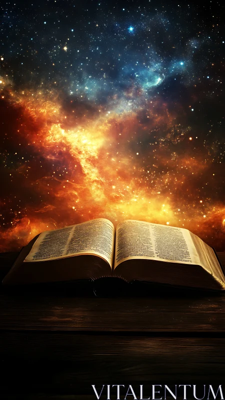 Cosmic stories unfolding from a warmly lit open book.