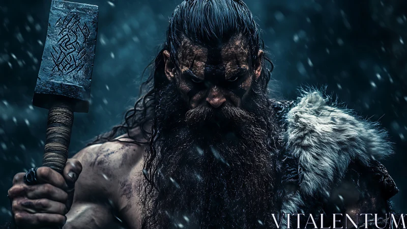 Warrior with rune hammer under stormlit Nordic blizzard.