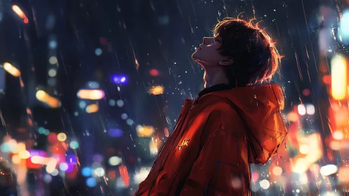 Neon drenched urban rainfall with reflective hooded figure profile.