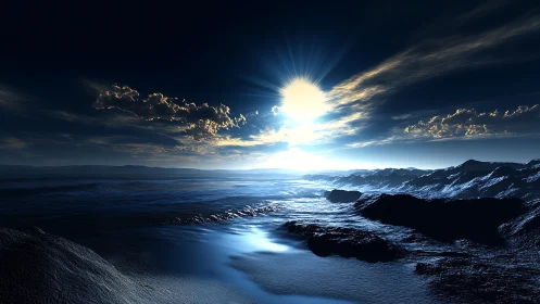 Frozen midnight shoreline under a luminous rising sun.