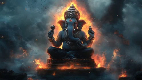 Radiant Ganesha statue rests calmly within swirling fire