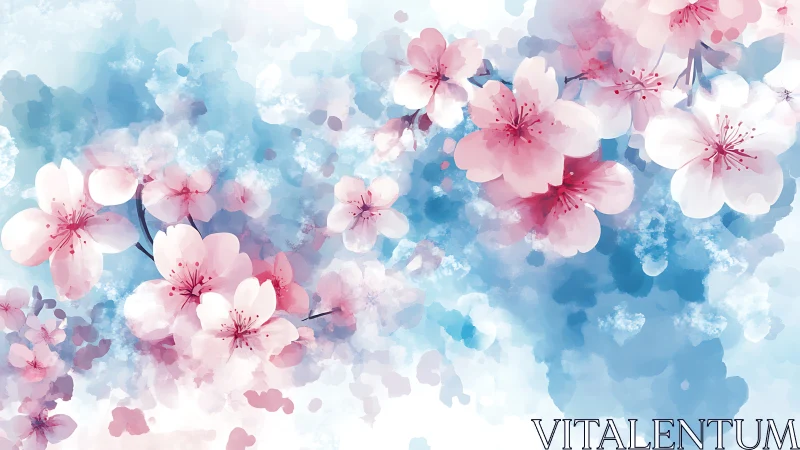 Cherry blossoms float across serene blue watercolor sky.