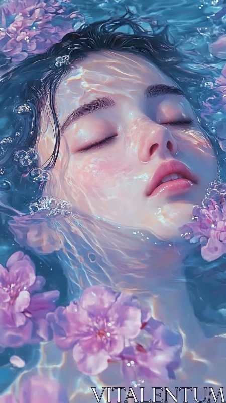 Dreaming face drifts beneath prismed water and lilac petals