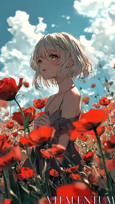 Pensive blonde girl in vivid poppy field under bright sky.