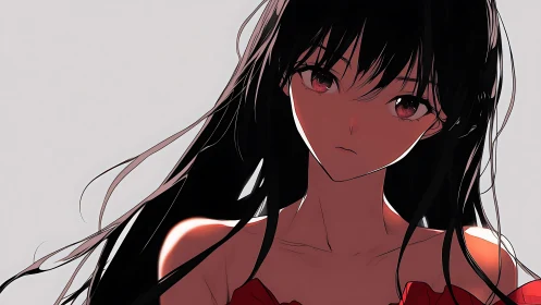Soft-spoken girl in red dress with windswept dark hair.