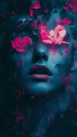 Dreamlit petals drifting over a midnight painted face.