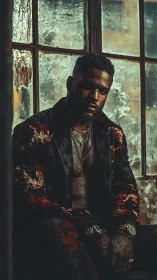 Moody portrait of stylish man by distressed window.