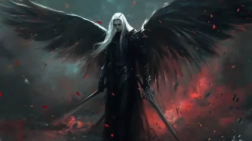 Dark-winged fallen angel poised between embers and shadow.