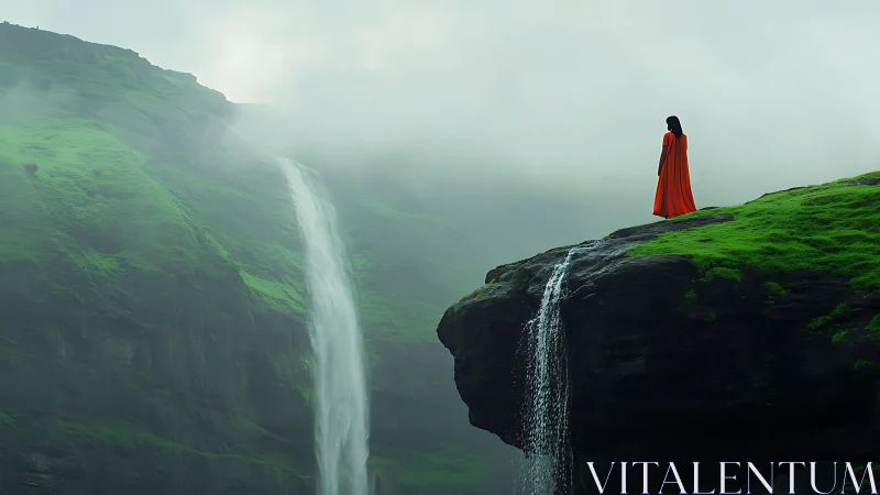 Solitary figure on cliff edge overlooking dual waterfalls