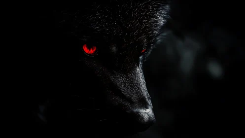 Black wolf portrait with glowing red eyes in darkness.