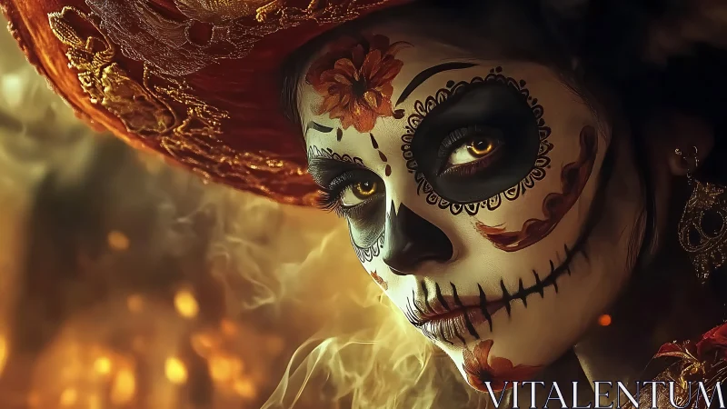 Calavera face paint portrait with ornate hat and smoke.