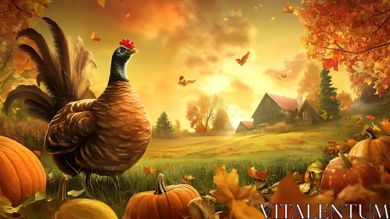 Farmstead scene rendered with wild turkey and autumn harvest.