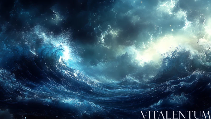 Roaring celestial waves under storm-lit cosmic skies.
