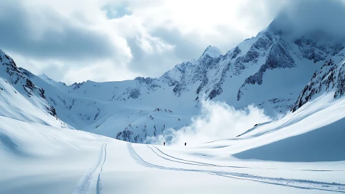 Backcountry skiers cross pristine alpine powder valley.