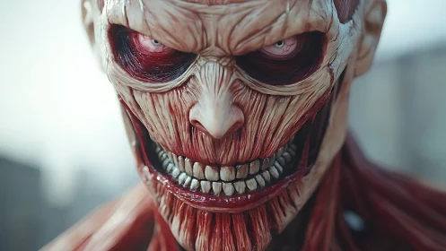 Grinning titan visage with sinewy detail and eerie charm.