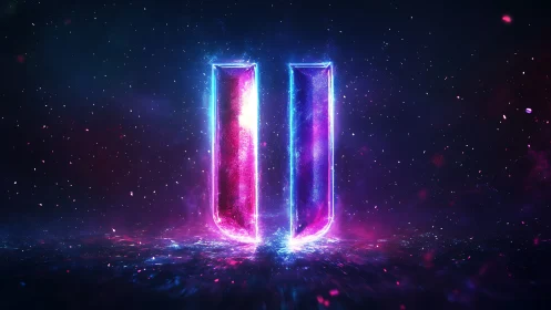 Neon pause symbol in cosmic bokeh digital painting composition.