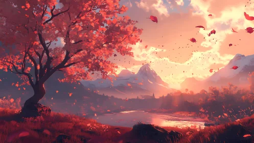 Crimson autumn tree overlooks distant sunlit mountain lake