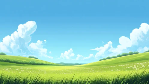 Digital landscape of rolling green hills under blue sky.