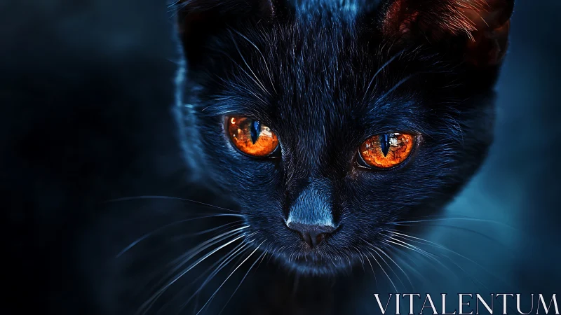 Black cat close-up with vivid orange reflective eyes.