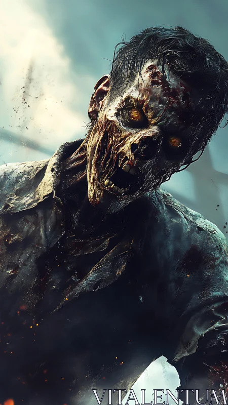 Burned zombie lunges forward with blazing amber eyes in fog.